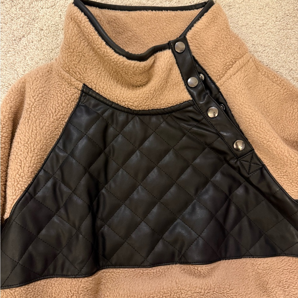 Sherpa/faux leather asymmetric snap fleece